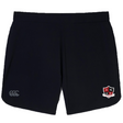 The Elite Woven gym shorts by EMB Canterbury feature a small white logo on the left and a red and white shield emblem on the right, ideal for training. They're part of the Southern Pines Youth Rugby Women's collection by Canterbury.