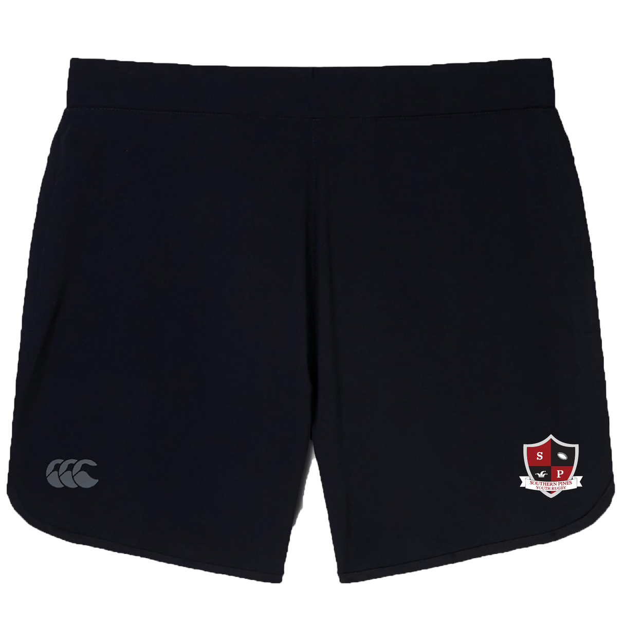 The Elite Woven gym shorts by EMB Canterbury feature a small white logo on the left and a red and white shield emblem on the right, ideal for training. They're part of the Southern Pines Youth Rugby Women's collection by Canterbury.