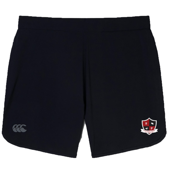 The Elite Woven gym shorts by EMB Canterbury feature a small white logo on the left and a red and white shield emblem on the right, ideal for training. They're part of the Southern Pines Youth Rugby Women's collection by Canterbury.