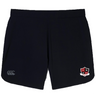 The Elite Woven gym shorts by EMB Canterbury feature a small white logo on the left and a red and white shield emblem on the right, ideal for training. They're part of the Southern Pines Youth Rugby Women's collection by Canterbury.