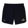 The Chicago Riot Elite Woven Short by EMB Canterbury is a black gym short with a small manufacturer’s logo on the left leg, the Chicago Riot team logo on the right leg, and zippered pockets for secure storage.