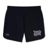 The Valley Panthers Girls Rugby Elite Woven Short by Canterbury features two logos: a small EMB Canterbury logo on the left leg and a “Valley Panthers Girls Rugby” emblem on the right leg. Designed for performance, these black gym training shorts also include convenient zippered pockets.