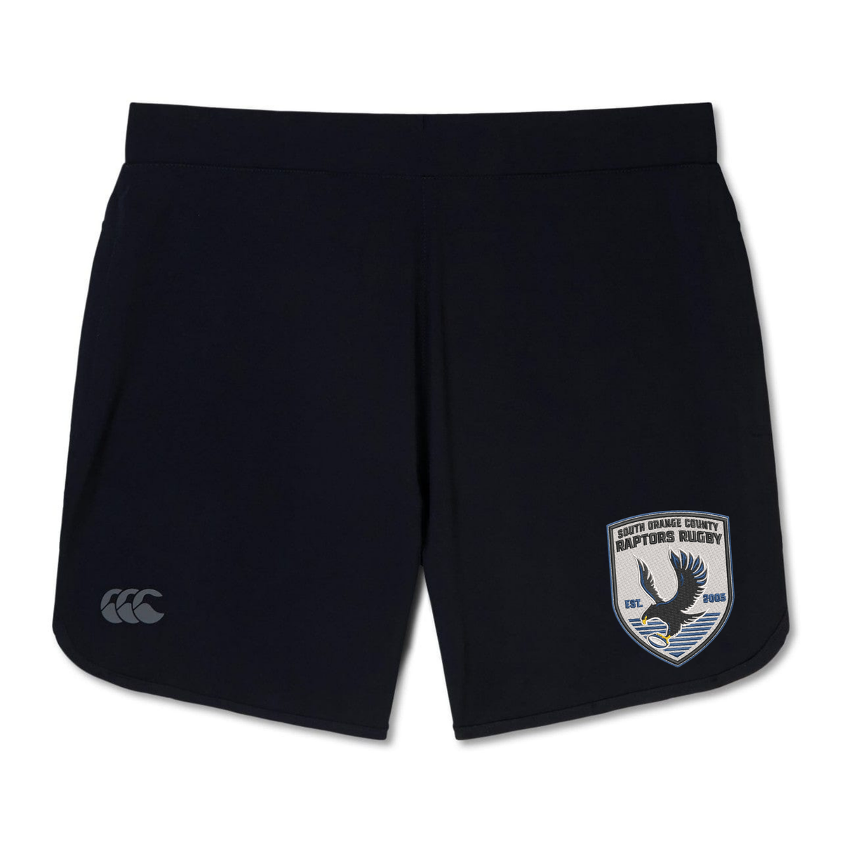 The South Orange County Raptors Elite Woven Short by EMB Canterbury features black athletic training shorts with the Canterbury logo on the left leg and the South Orange County Raptors Rugby team crest on the right leg. Designed in an Elite Woven gym short style, these shorts include convenient zippered pockets for secure storage.