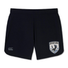 The South Orange County Raptors Elite Woven Short by EMB Canterbury features black athletic training shorts with the Canterbury logo on the left leg and the South Orange County Raptors Rugby team crest on the right leg. Designed in an Elite Woven gym short style, these shorts include convenient zippered pockets for secure storage.