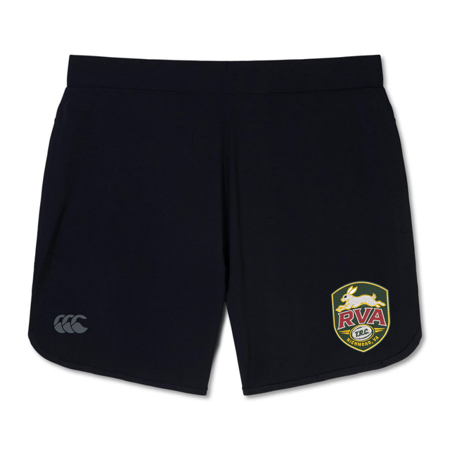 The RVA T.R.C. Elite Woven Short by EMB Canterbury are black athletic training shorts featuring the Canterbury logo on the left leg and a yellow-red RVA rugby crest on the right leg. Designed for performance, these gym shorts come equipped with convenient zippered pockets.