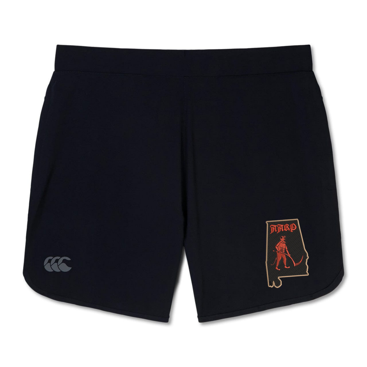 Black Aging Alabama Rugby Players Elite Woven Short by Canterbury featuring a graphic of the state of Alabama with a grim reaper silhouette and the word “HARD” in red.