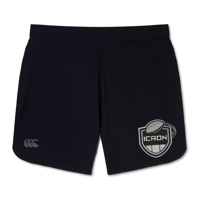 Black ICRON Elite Woven Short by Canterbury featuring a logo with a rugby ball and the text “ICRON” on the right leg and a small logo on the left leg.