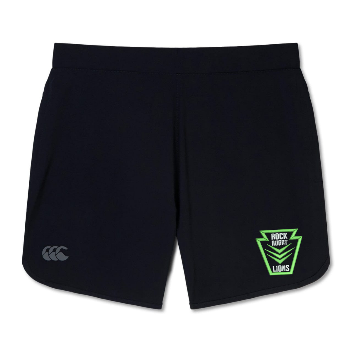 Black Rock Rugby Elite Woven Short by Canterbury featuring three birds on the left leg and a neon green “ROCK RUGBY LIONS” shield patch on the right.