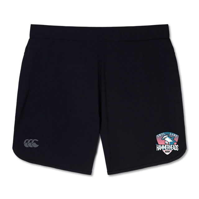 The SWFL Lady Hammerheads Elite Woven Short by WRS Canterbury features a small "Canterbury" logo on the left leg, an "Ovil Run Hammerheads Rugby" badge on the right, and zippered pockets for secure storage during workouts.