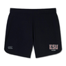 East Stroudsburg University Elite Woven Short by EMB Canterbury features the Canterbury logo on the left leg, "ESU Rugby" on the right, and zippered pockets for secure storage during training.