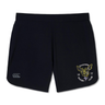 Hornets Rugby Club 1977 Elite Woven Short by EMB Canterbury: These black athletic training shorts feature the Canterbury logo on the left leg and a yellow Hornets Rugby Club emblem with "1977" on the right leg. Designed for performance, they include convenient zippered pockets for secure storage during workouts.