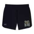 Introducing the Lewis County Elks Elite Woven Short by Canterbury from EMB Canterbury—black athletic gym shorts featuring the iconic Lewis County Elks logo with an elk head and antlers on one leg, and a subtle Canterbury logo on the other. These performance Elite Woven shorts are designed with convenient zippered pockets to securely hold your essentials during any workout.