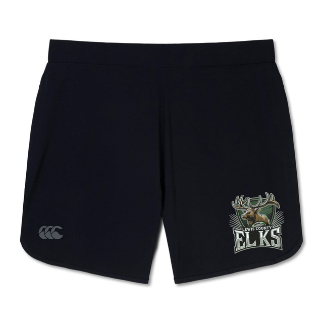 Introducing the Lewis County Elks Elite Woven Short by Canterbury from EMB Canterbury—black athletic gym shorts featuring the iconic Lewis County Elks logo with an elk head and antlers on one leg, and a subtle Canterbury logo on the other. These performance Elite Woven shorts are designed with convenient zippered pockets to securely hold your essentials during any workout.