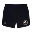 The Society of Iowa Rugby Referees Elite Woven Short by EMB Canterbury are black athletic training shorts featuring a white Canterbury logo on the left leg and a floral emblem with circular text on the right leg. These gym shorts are designed with zippered pockets for secure storage during workouts.