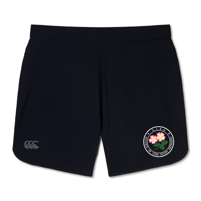 The Society of Iowa Rugby Referees Elite Woven Short by EMB Canterbury are black athletic training shorts featuring a white Canterbury logo on the left leg and a floral emblem with circular text on the right leg. These gym shorts are designed with zippered pockets for secure storage during workouts.