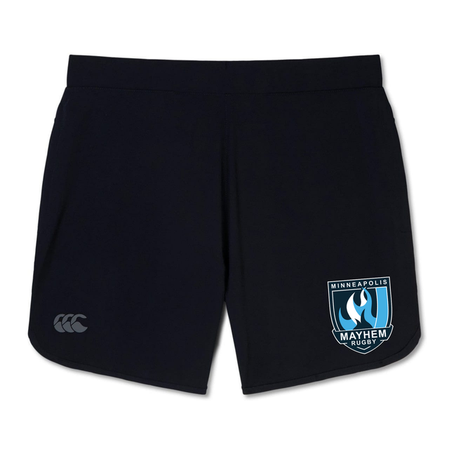The Minneapolis Mayhem Rugby Elite Woven Short by EMB Canterbury features the Canterbury logo on the left leg and the Minneapolis Mayhem Rugby crest on the right, with convenient zippered pockets for added functionality.