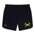 Black Mother Lode Elite Woven Short by Canterbury training shorts featuring a logo on the right leg with two crossed gold pickaxes behind a rugby ball and the text “Mother Lode Rugby” curved around it.