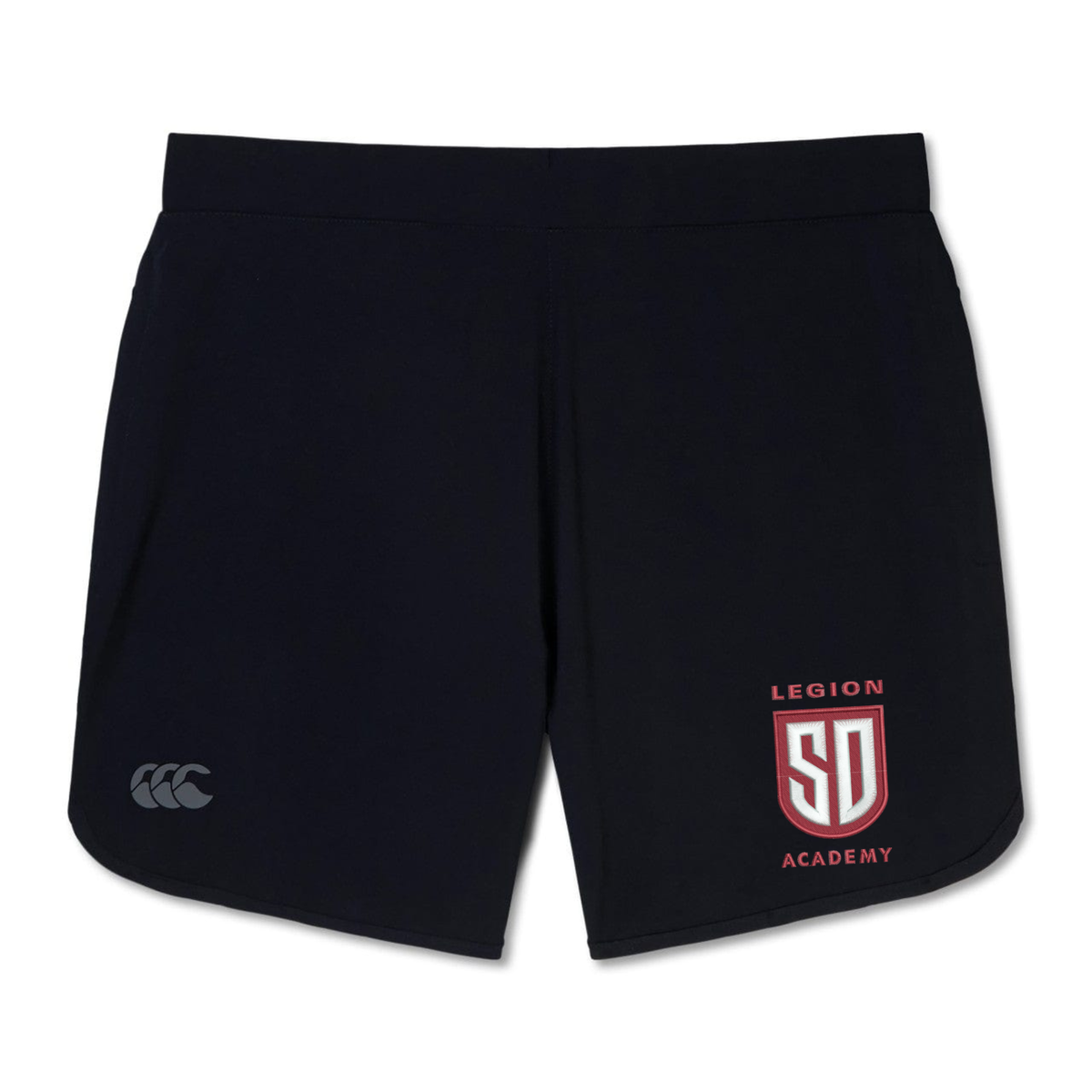 Black Legion Academy Elite Woven Short by Canterbury athletic shorts with zippered pockets, featuring an “SD” shield logo on the left hem with “LEGION” above and “ACADEMY” below.