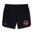 The Godzilla Rugby Football Club Elite Woven Short by Canterbury features a Canterbury logo on the left leg and a striking Godzilla emblem with dragon graphics and text on the right leg, along with zippered pockets for secure storage during training.