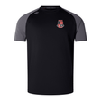 Introducing the Rye High School 10 Year Elite Training Tee by Canterbury: a stylish black sports shirt featuring gray sleeves and an embroidered red and white crest on the chest. Made with Vapodri fabrics for excellent moisture management, this tee from EMB Canterbury keeps you cool and dry during workouts.
