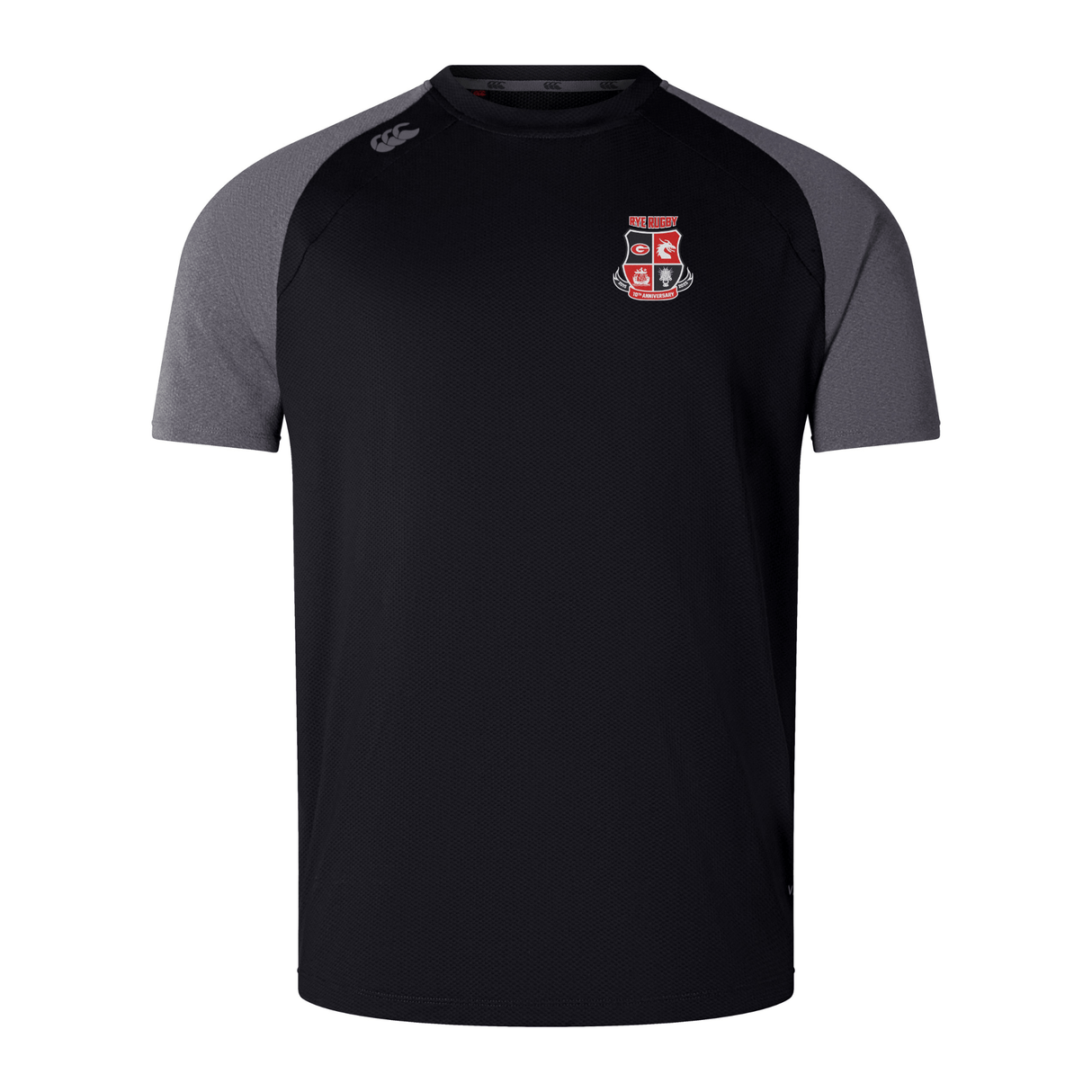 Introducing the Rye High School 10 Year Elite Training Tee by Canterbury: a stylish black sports shirt featuring gray sleeves and an embroidered red and white crest on the chest. Made with Vapodri fabrics for excellent moisture management, this tee from EMB Canterbury keeps you cool and dry during workouts.