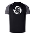 The Missoula All-Maggots Elite Training Tee by WRS Canterbury is a black and gray short-sleeve athletic shirt featuring a white spiral graphic of irregular oval shapes on the chest. Crafted as part of the Canterbury Elite Training Tee range, this lightweight and durable tee uses advanced Vapodri fabrics to keep you cool and comfortable during intense workouts.