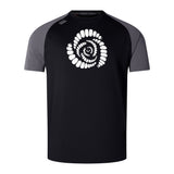The Missoula All-Maggots Elite Training Tee by WRS Canterbury is a black and gray short-sleeve athletic shirt featuring a white spiral graphic of irregular oval shapes on the chest. Crafted as part of the Canterbury Elite Training Tee range, this lightweight and durable tee uses advanced Vapodri fabrics to keep you cool and comfortable during intense workouts.