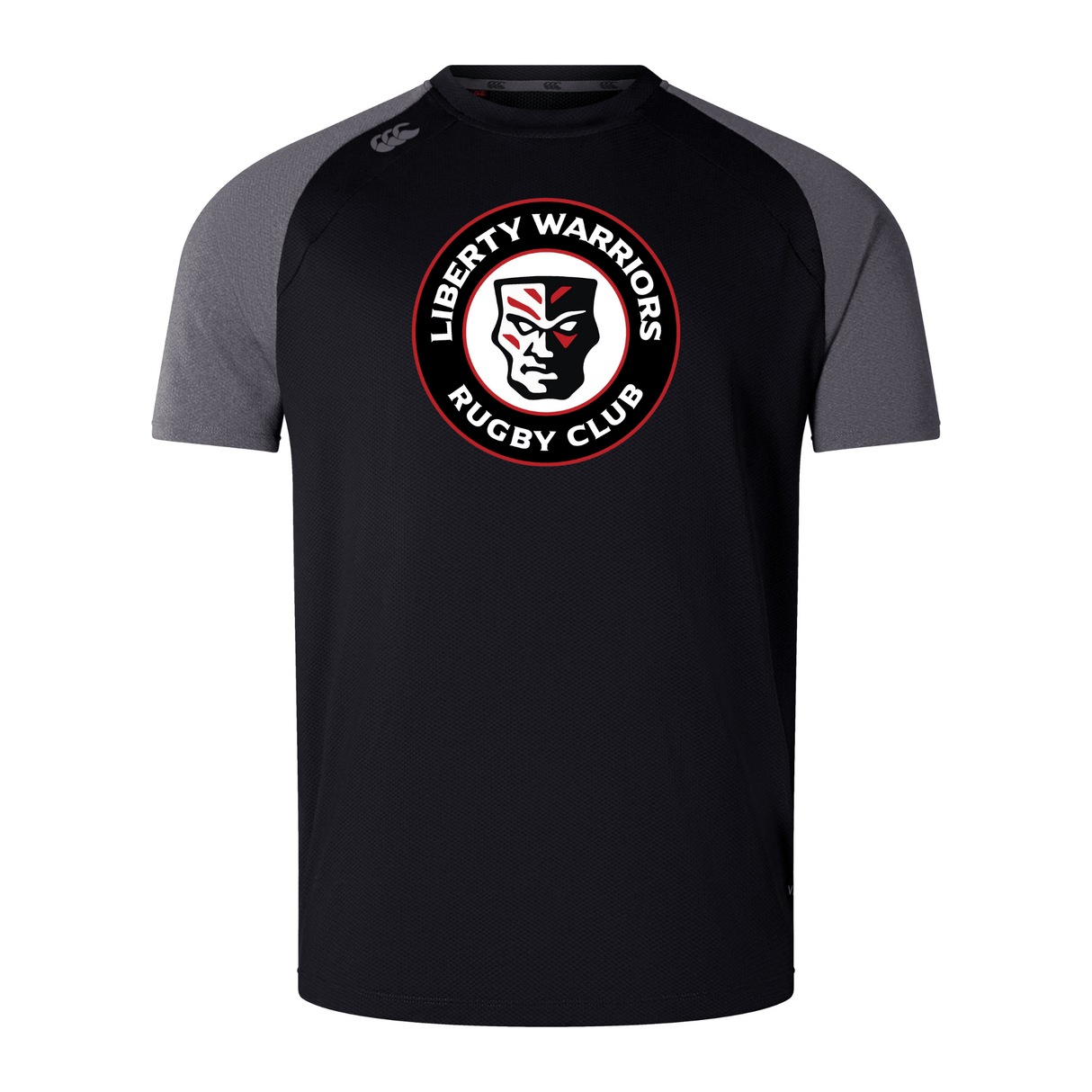Black and gray Liberty Lake Warriors Elite Training Tee by WRS Canterbury, showcasing the "Liberty Warriors Rugby Club" logo with a helmeted figure in the center. This shirt, crafted specifically for elite training, ensures performance and comfort with Vapodri fabrics that keep you cool and dry on the field.