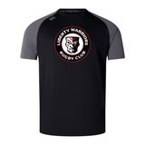 Black and gray Liberty Lake Warriors Elite Training Tee by WRS Canterbury, showcasing the "Liberty Warriors Rugby Club" logo with a helmeted figure in the center. This shirt, crafted specifically for elite training, ensures performance and comfort with Vapodri fabrics that keep you cool and dry on the field.