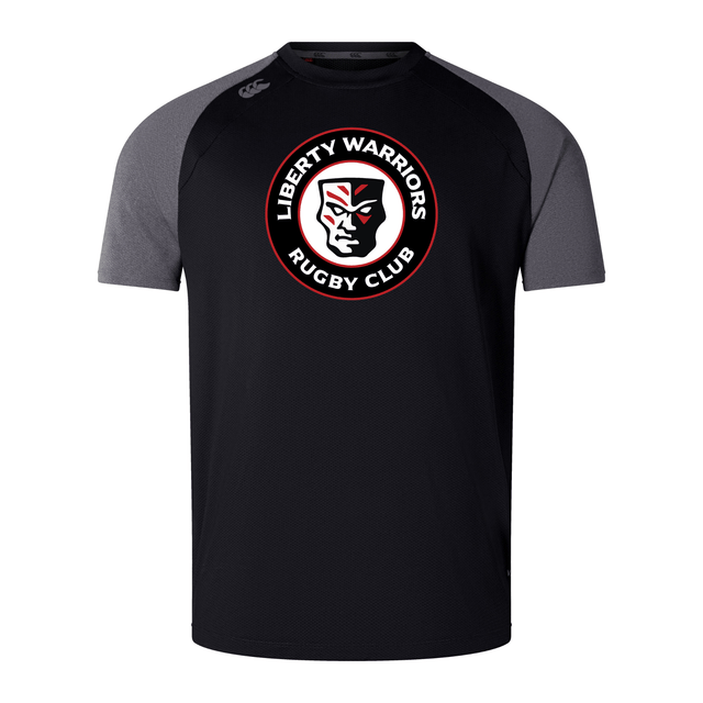 Black and gray Liberty Lake Warriors Elite Training Tee by WRS Canterbury, showcasing the "Liberty Warriors Rugby Club" logo with a helmeted figure in the center. This shirt, crafted specifically for elite training, ensures performance and comfort with Vapodri fabrics that keep you cool and dry on the field.