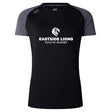 The Eastside Lions Women's Elite Training Tee by Canterbury from WRS Canterbury is a black and gray short-sleeve rugby shirt made from recycled polyester, showcasing a lion logo with "Eastside Lions Youth Rugby" on the front.