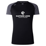 The Eastside Lions Women's Elite Training Tee by Canterbury from WRS Canterbury is a black and gray short-sleeve rugby shirt made from recycled polyester, showcasing a lion logo with "Eastside Lions Youth Rugby" on the front.
