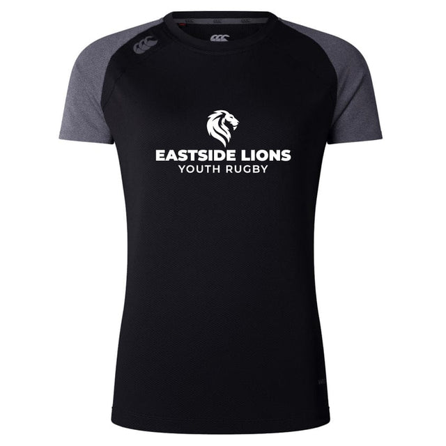 The Eastside Lions Women's Elite Training Tee by Canterbury from WRS Canterbury is a black and gray short-sleeve rugby shirt made from recycled polyester, showcasing a lion logo with "Eastside Lions Youth Rugby" on the front.