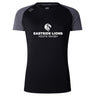 The Eastside Lions Women's Elite Training Tee by Canterbury from WRS Canterbury is a black and gray short-sleeve rugby shirt made from recycled polyester, showcasing a lion logo with "Eastside Lions Youth Rugby" on the front.
