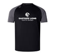 The Eastside Lions Elite Training Tee by WRS Canterbury is a black and gray t-shirt showcasing a white lion logo and the "Eastside Lions Youth Rugby" text on the front, designed with durable Vapodri fabrics for a lightweight feel.