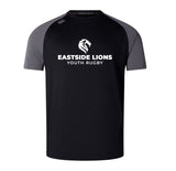 The Eastside Lions Elite Training Tee by WRS Canterbury is a black and gray t-shirt showcasing a white lion logo and the "Eastside Lions Youth Rugby" text on the front, designed with durable Vapodri fabrics for a lightweight feel.