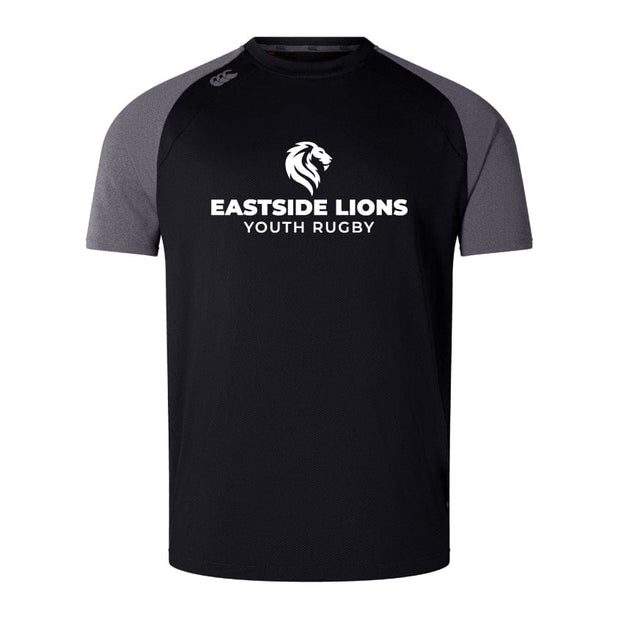 The Eastside Lions Elite Training Tee by WRS Canterbury is a black and gray t-shirt showcasing a white lion logo and the "Eastside Lions Youth Rugby" text on the front, designed with durable Vapodri fabrics for a lightweight feel.