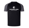 The Eastside Lions Elite Training Tee by WRS Canterbury is a black and gray t-shirt showcasing a white lion logo and the "Eastside Lions Youth Rugby" text on the front, designed with durable Vapodri fabrics for a lightweight feel.