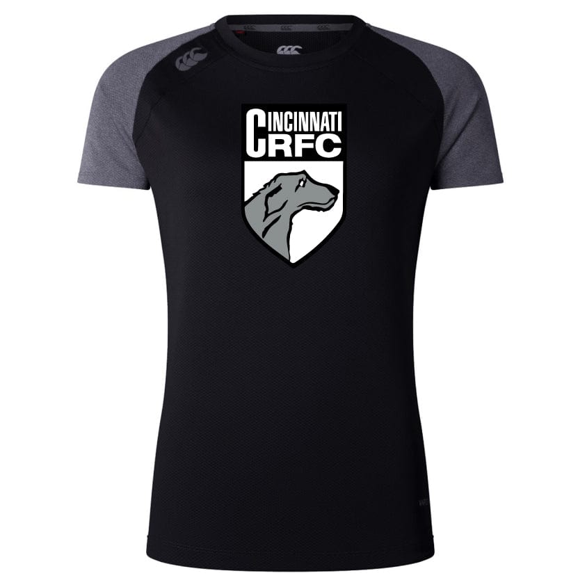 Introducing the Cincinnati Wolfhounds Women's Elite Training Tee by Canterbury, a black and gray short-sleeve shirt from WRS Canterbury. This tee features the Cincinnati CRFC logo with a dog silhouette on the chest and is made from breathable, lightweight fabric for maximum comfort.