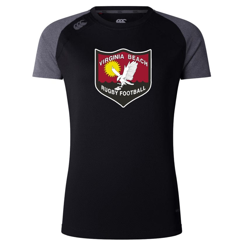 The Virginia Beach RFC Women's Elite Training Tee by Canterbury, from WRS Canterbury, is a black and gray short-sleeve shirt featuring a "Virginia Beach Rugby Football" logo with an eagle on the chest, crafted from lightweight fabric.
