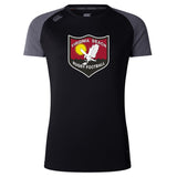 The Virginia Beach RFC Women's Elite Training Tee by Canterbury, from WRS Canterbury, is a black and gray short-sleeve shirt featuring a "Virginia Beach Rugby Football" logo with an eagle on the chest, crafted from lightweight fabric.