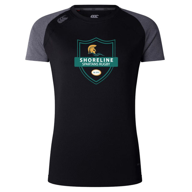 The Shoreline Spartans Women's Elite Training Tee by WRS Canterbury features a black and gray short-sleeved design with the "Shoreline Spartans Rugby" logo on the front, made from lightweight fabric ideal for elite training.