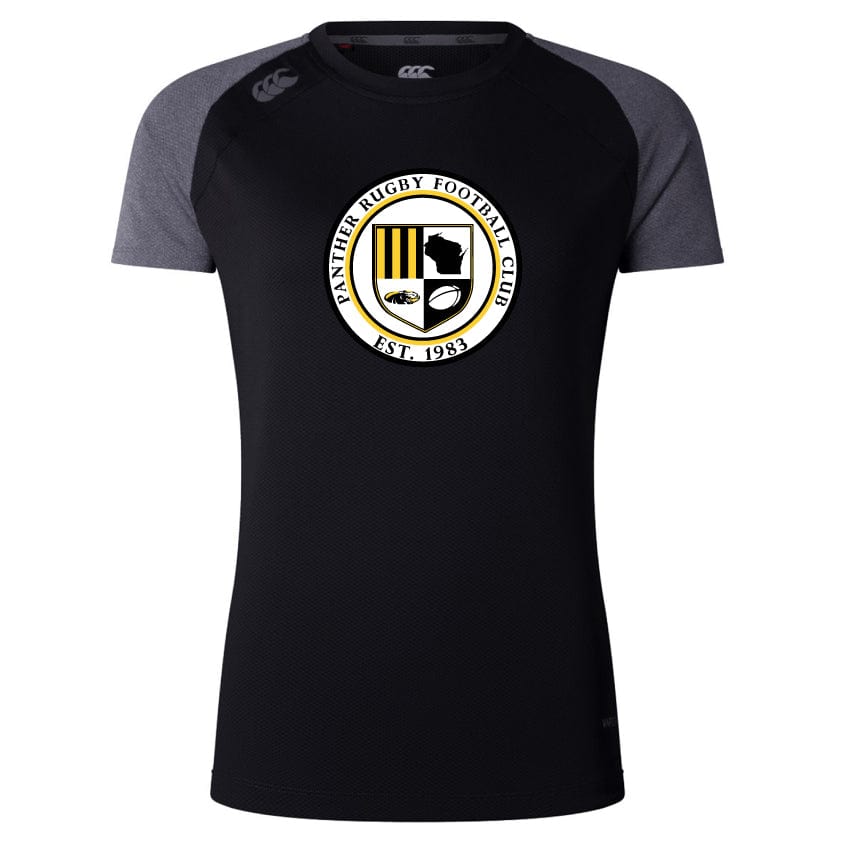The UW-Milwaukee Women's Elite Training Tee by Canterbury is a black and grey short-sleeved rugby shirt featuring the Panther Rugby Football Club logo on the chest and "Est. 1983." Crafted from Vapodri lightweight fabric for ultimate performance, it's perfect for every dedicated athlete.