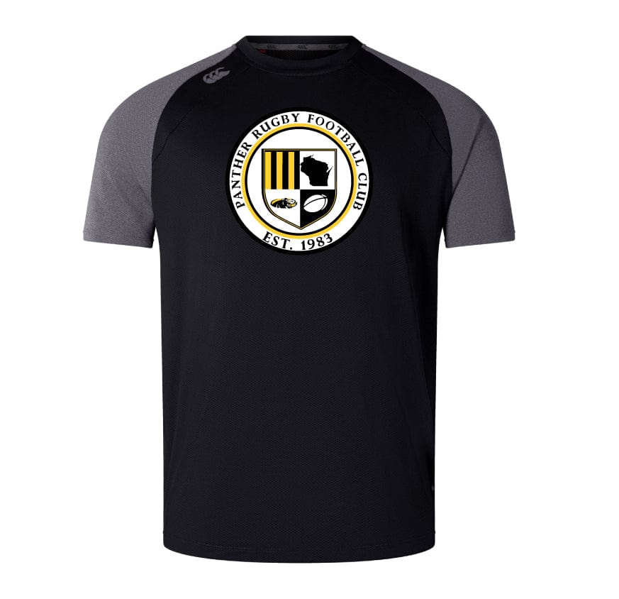 Introducing the UW-Milwaukee Elite Training Tee by WRS Canterbury, a lightweight and durable black and grey shirt featuring the logo of Panther Rugby Football Club, established in 1983, prominently centered on the front. Engineered with Vapodri fabrics for optimal training performance.