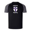 The St. Augustine High School Women's Elite Training Tee by Canterbury, created by WRS Canterbury from recycled polyester, showcases a sophisticated black and grey design with a logo.