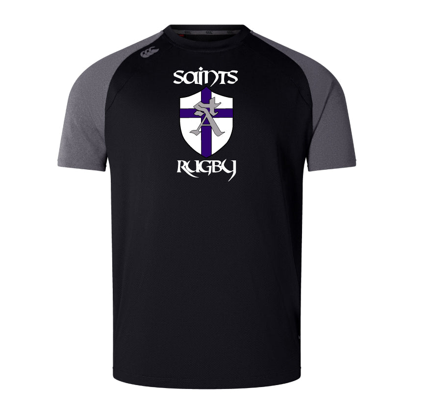 The St. Augustine High School Women's Elite Training Tee by Canterbury, created by WRS Canterbury from recycled polyester, showcases a sophisticated black and grey design with a logo.