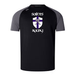 The St. Augustine High School Women's Elite Training Tee by Canterbury, created by WRS Canterbury from recycled polyester, showcases a sophisticated black and grey design with a logo.