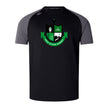 The Black and gray sports jersey is crafted from Vapodri fabrics, ensuring you stay dry and comfortable. Featuring a green and black crest with the text "Mo River Rugby," this Eno River Rugby Elite Training Tee by WRS Canterbury promises both style and performance on and off the field.