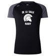 The De La Salle Women's Elite Training Tee by Canterbury, designed with lightweight recycled polyester, showcases "De La Salle Rugby" and a Spartan helmet graphic on the front. It’s enhanced with Vapodri technology for top-tier athletic performance.