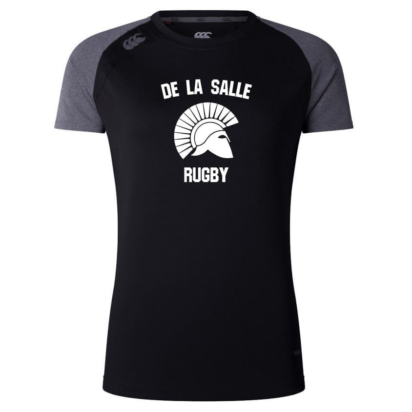 The De La Salle Women's Elite Training Tee by Canterbury, designed with lightweight recycled polyester, showcases "De La Salle Rugby" and a Spartan helmet graphic on the front. It’s enhanced with Vapodri technology for top-tier athletic performance.